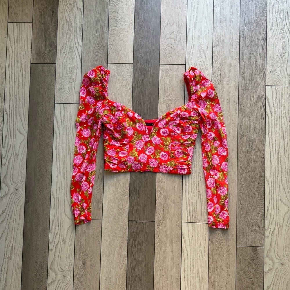 Zara Red Floral Long Sleeve Blouse